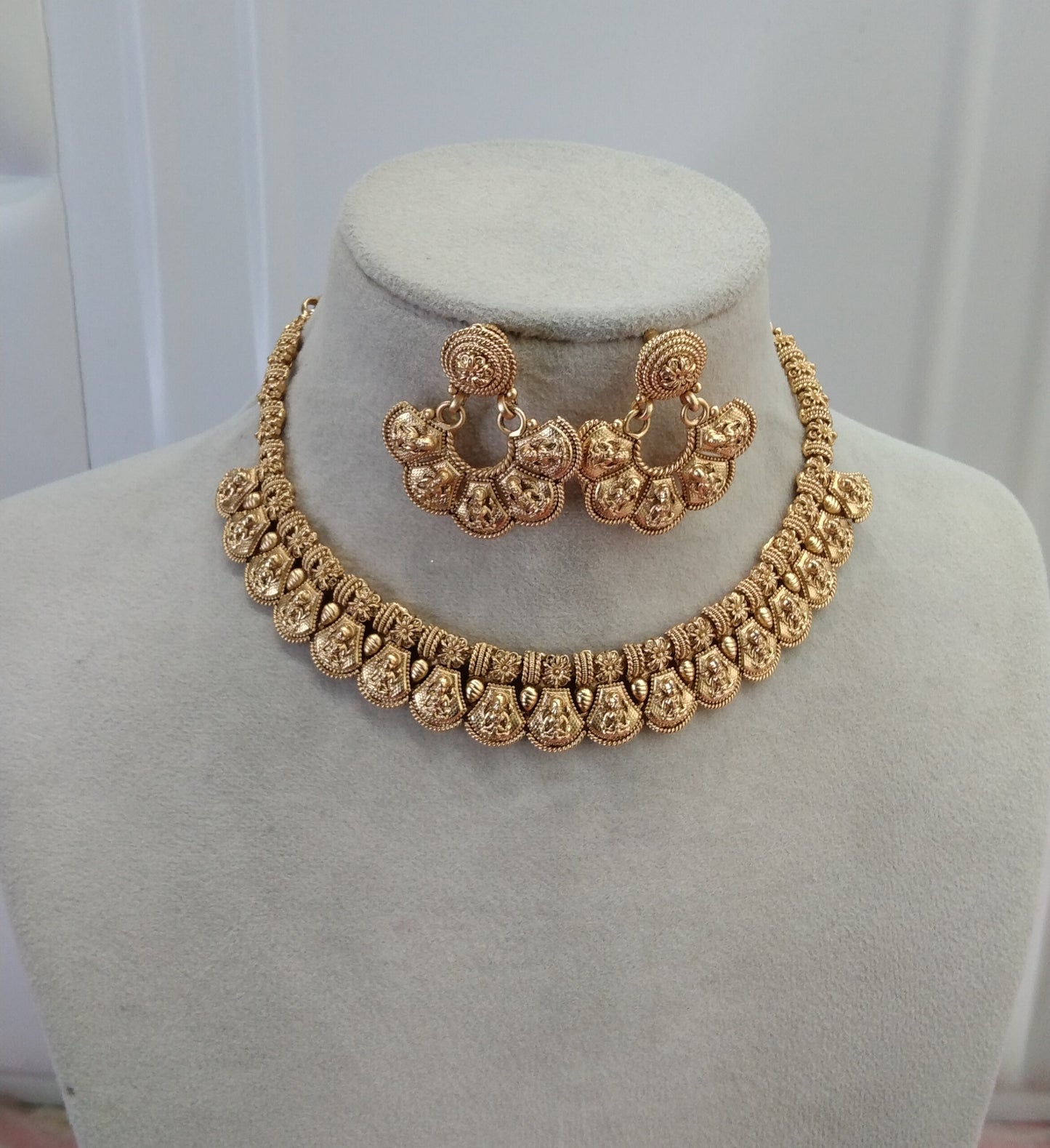 Gold Plat Polki  Necklace Temple Jewellery Challa Set