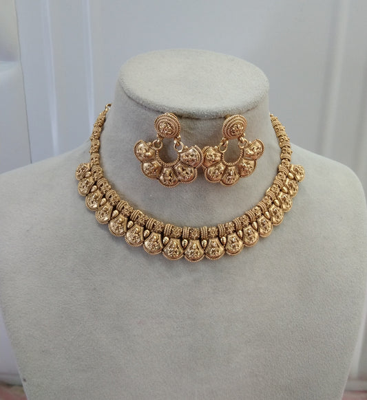 Gold Plat Polki  Necklace Temple Jewellery Challa Set