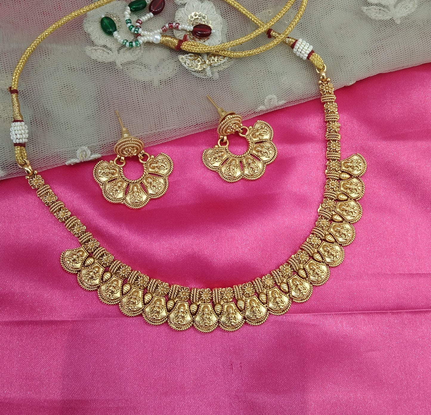 Gold Plat Polki  Necklace Temple Jewellery Challa Set