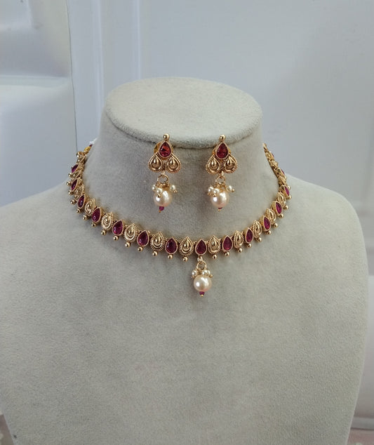 Gold Ruby Plat Polki  Necklace Jewellery Challa Set