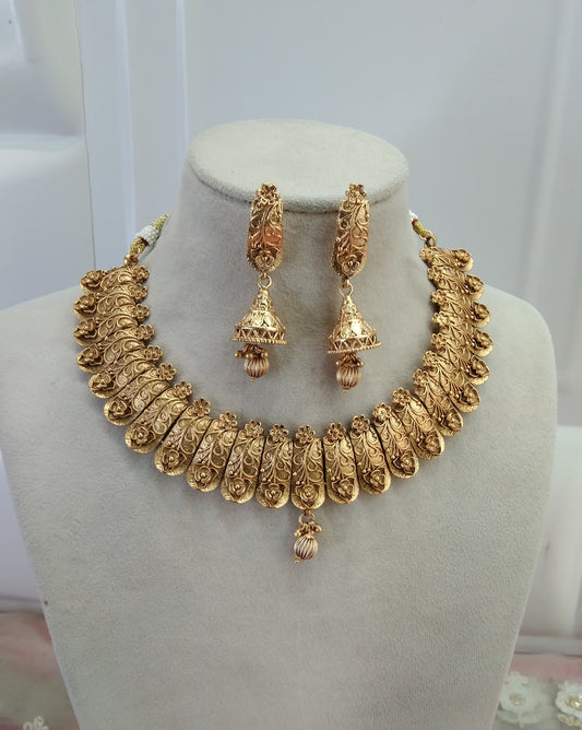 Gold Plat Polki jhumki Necklace Jewellery Challa Set