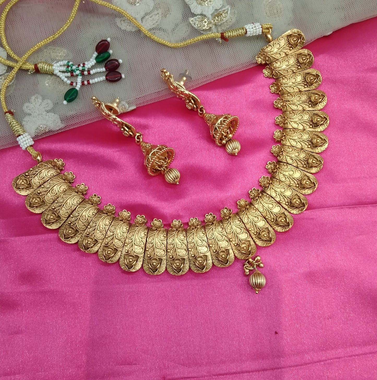 Gold Plat Polki jhumki Necklace Jewellery Challa Set