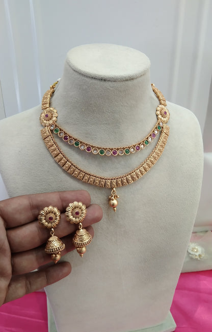 Gold Ruby Green  Plat Polki jhumki Necklace Jewellery Challa Set
