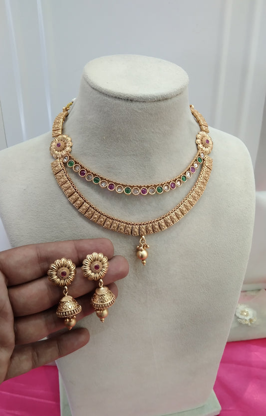 Gold Ruby Green  Plat Polki jhumki Necklace Jewellery Challa Set