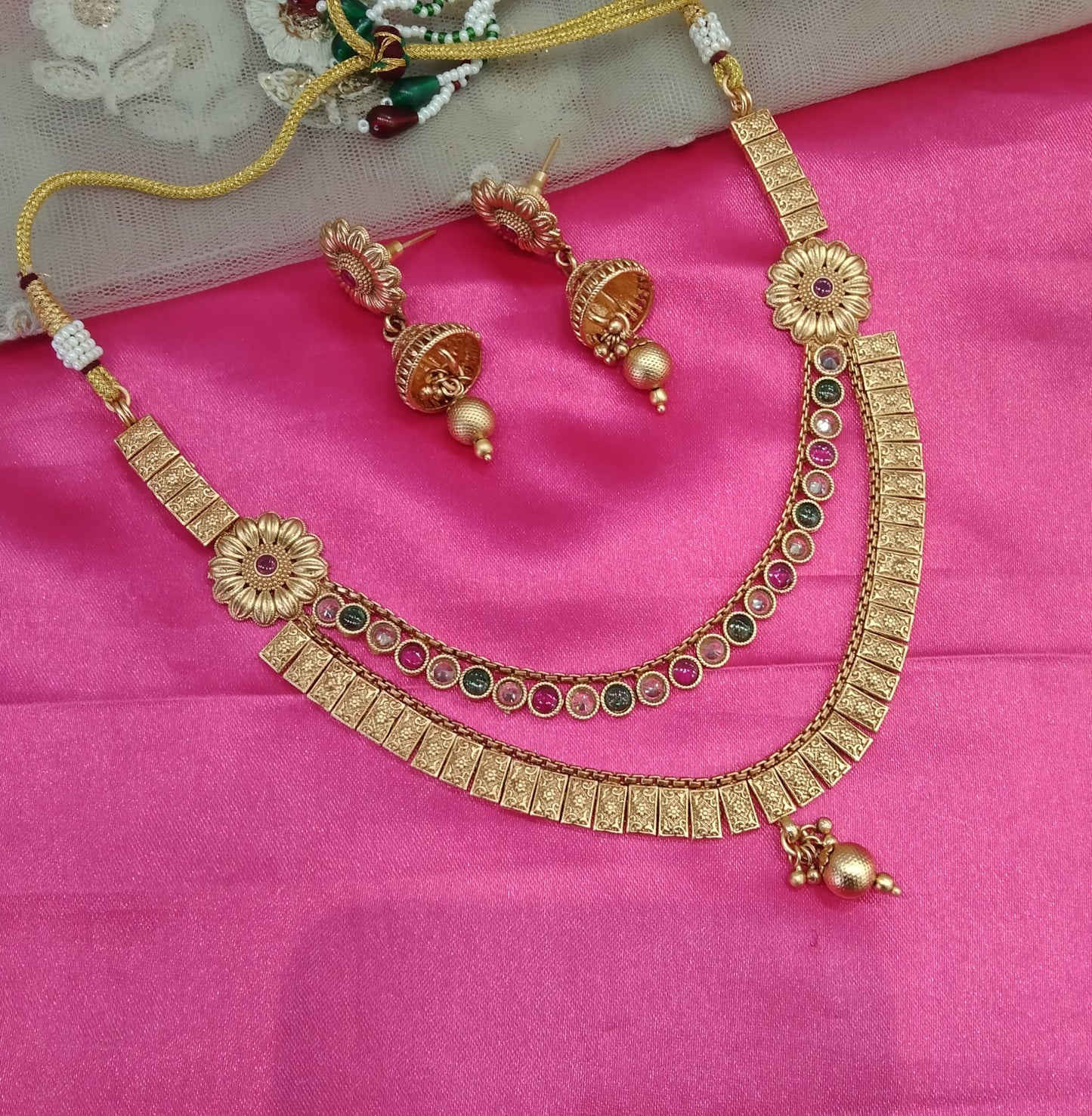 Gold Ruby Green  Plat Polki jhumki Necklace Jewellery Challa Set
