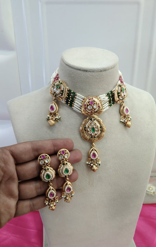 Majenta Green Gold Polki Kundan Necklace Jewelry Siva Set