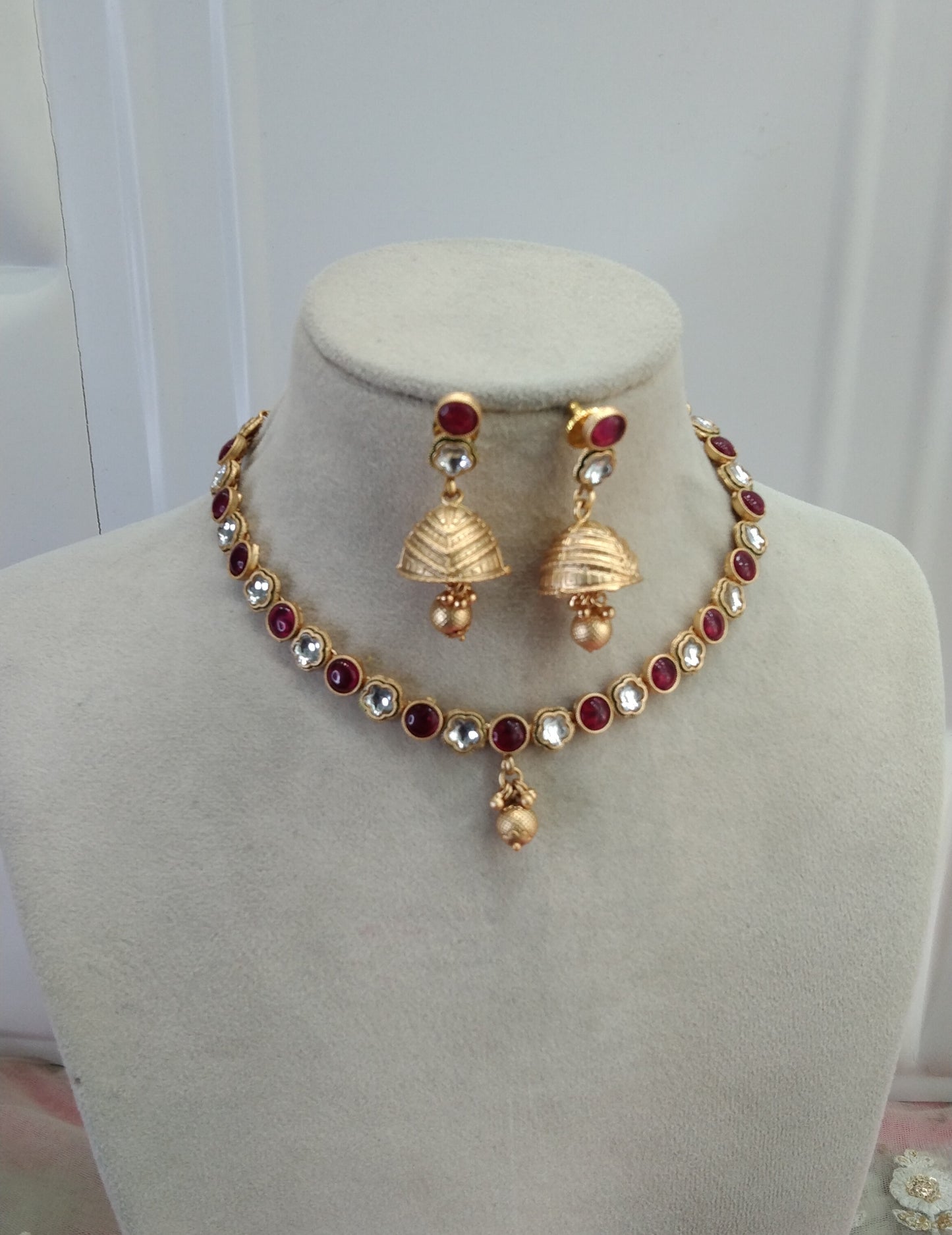 Ruby Gold Polki Jhumki Kundan Necklace Jewelry Siva Set