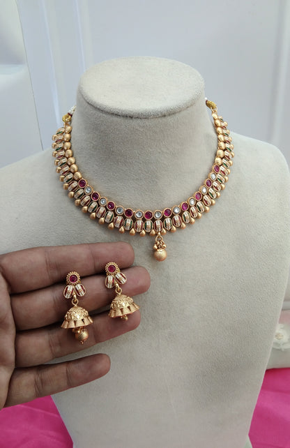 Ruby Gold Polki kundan Jhumka Necklace Jewelry Siva Set