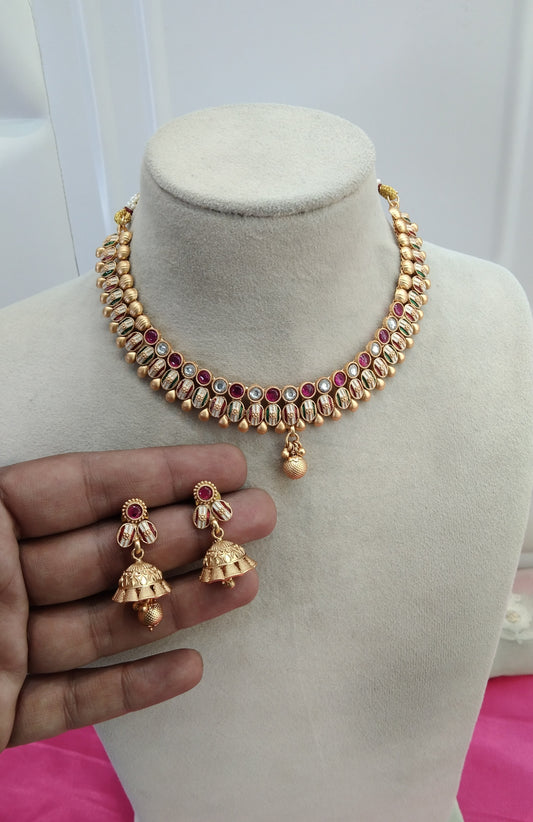 Ruby Gold Polki kundan Jhumka Necklace Jewelry Siva Set