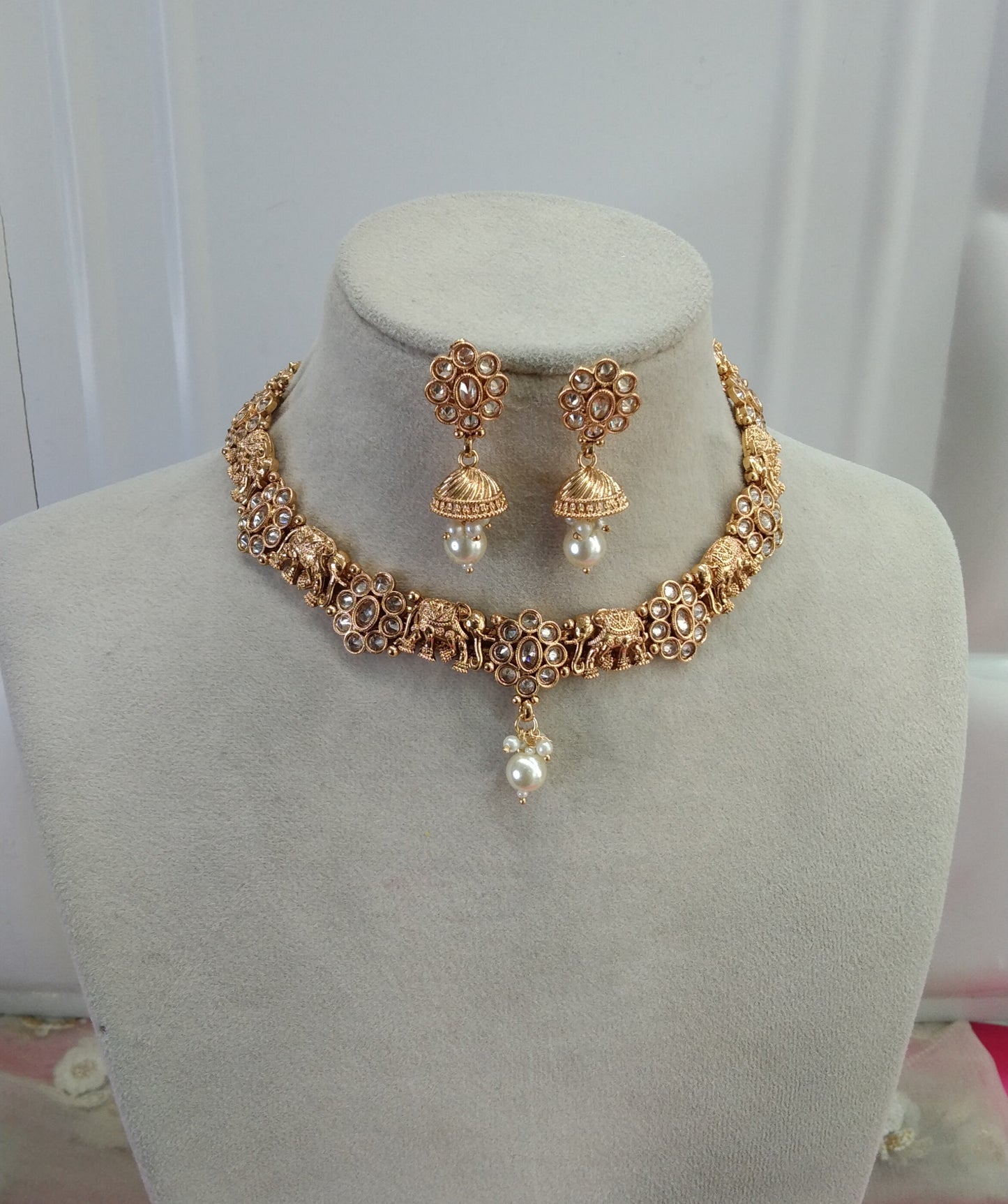 Gold Plat Polki Jhumki Necklace Jewelry Siva Set