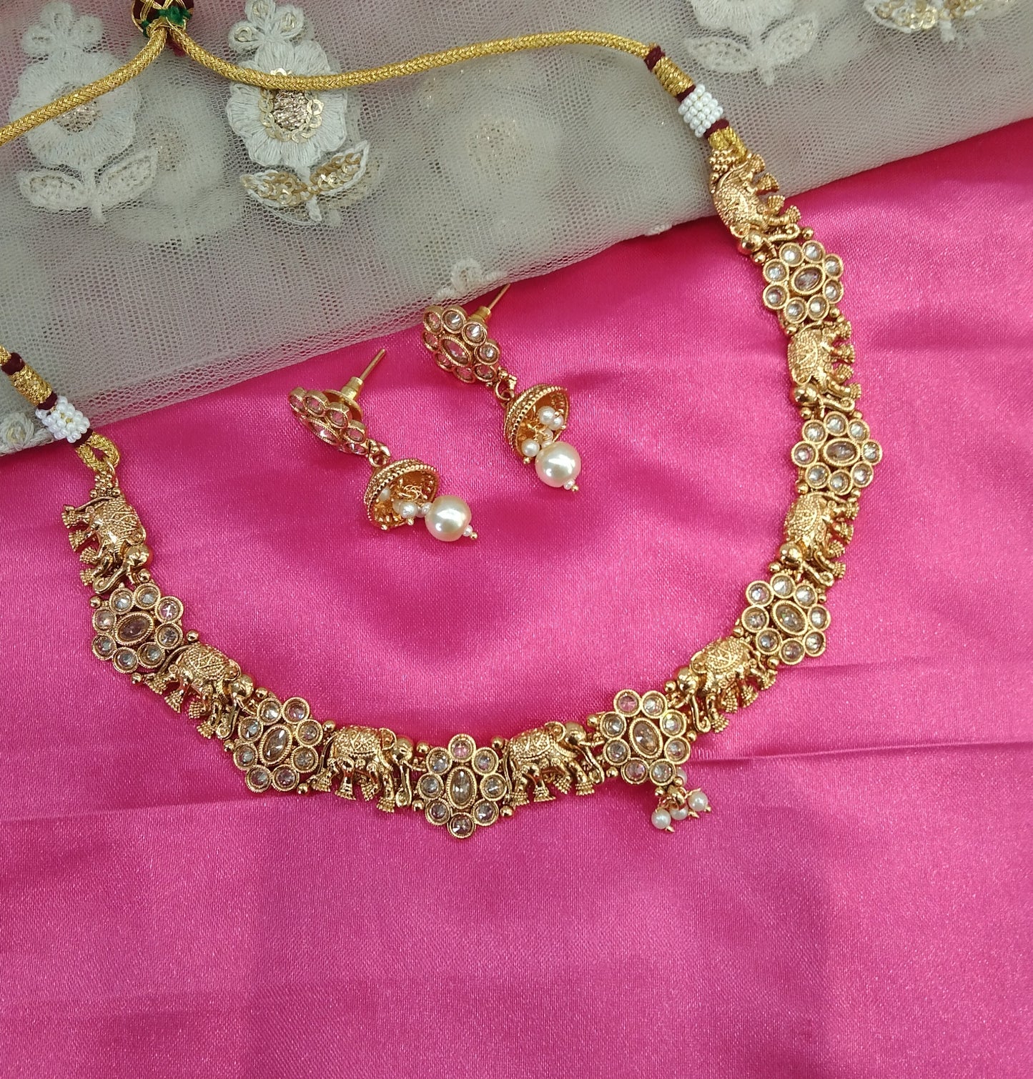 Gold Plat Polki Jhumki Necklace Jewelry Siva Set