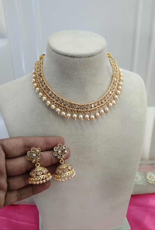 Gold Polki Jhumka Necklace Jewelry Khushi Set