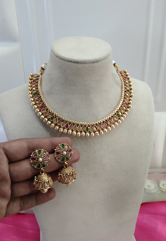 Gold Ruby Green Polki Jhumka Necklace Jewelry Khushi Set