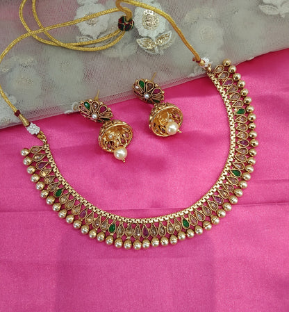Gold Ruby Green Polki Jhumka Necklace Jewelry Khushi Set