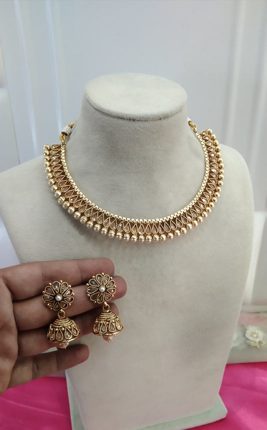 Gold Polki Jhumka Necklace Jewelry Khushi Set