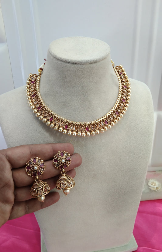 Gold Ruby Polki Jhumka Necklace Jewelry Khushi Set