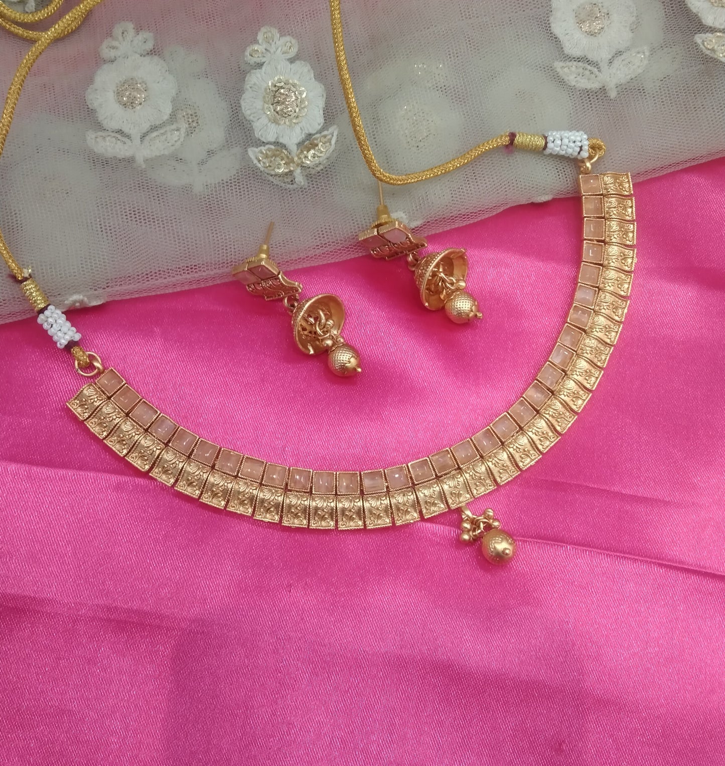 Gold Pink Polki Jhumki Necklace Jewellery Global Set