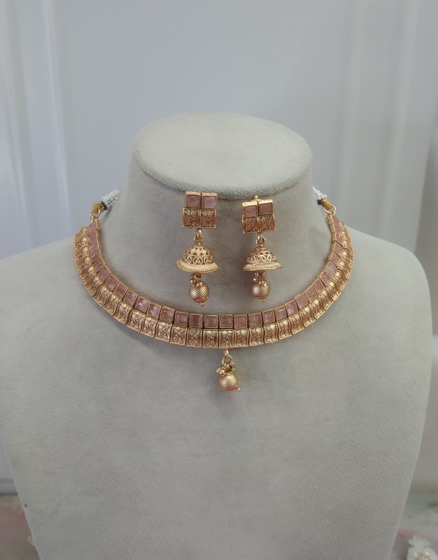 Gold Pink Polki Jhumki Necklace Jewellery Global Set