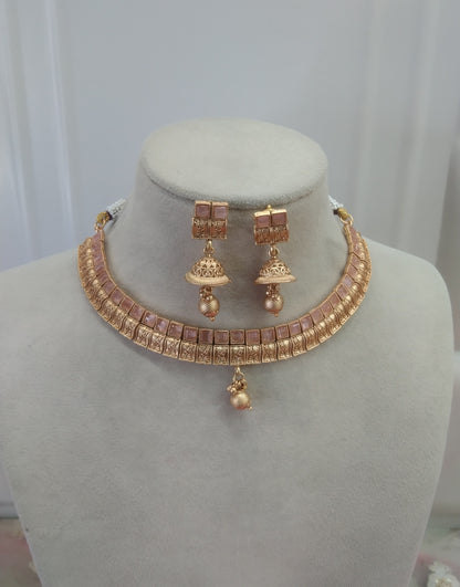 Gold Pink Polki Jhumki Necklace Jewellery Global Set