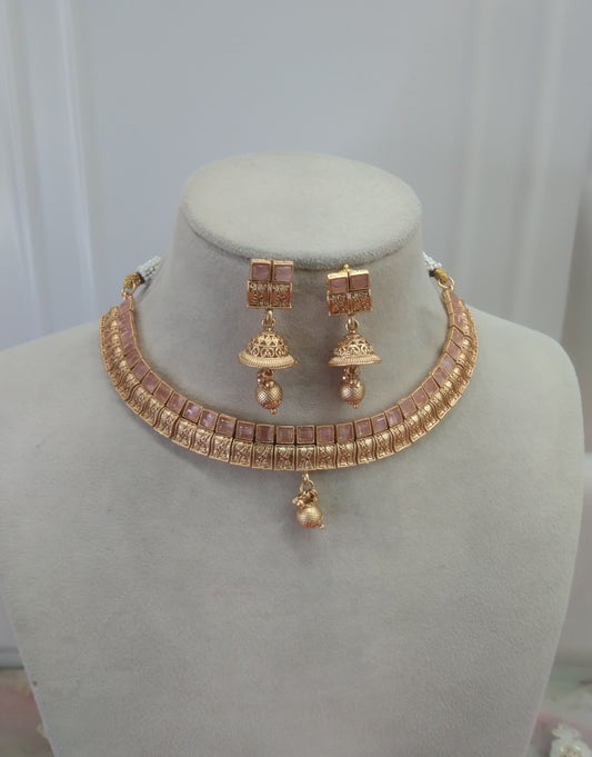 Gold Pink Polki Jhumki Necklace Jewellery Global Set