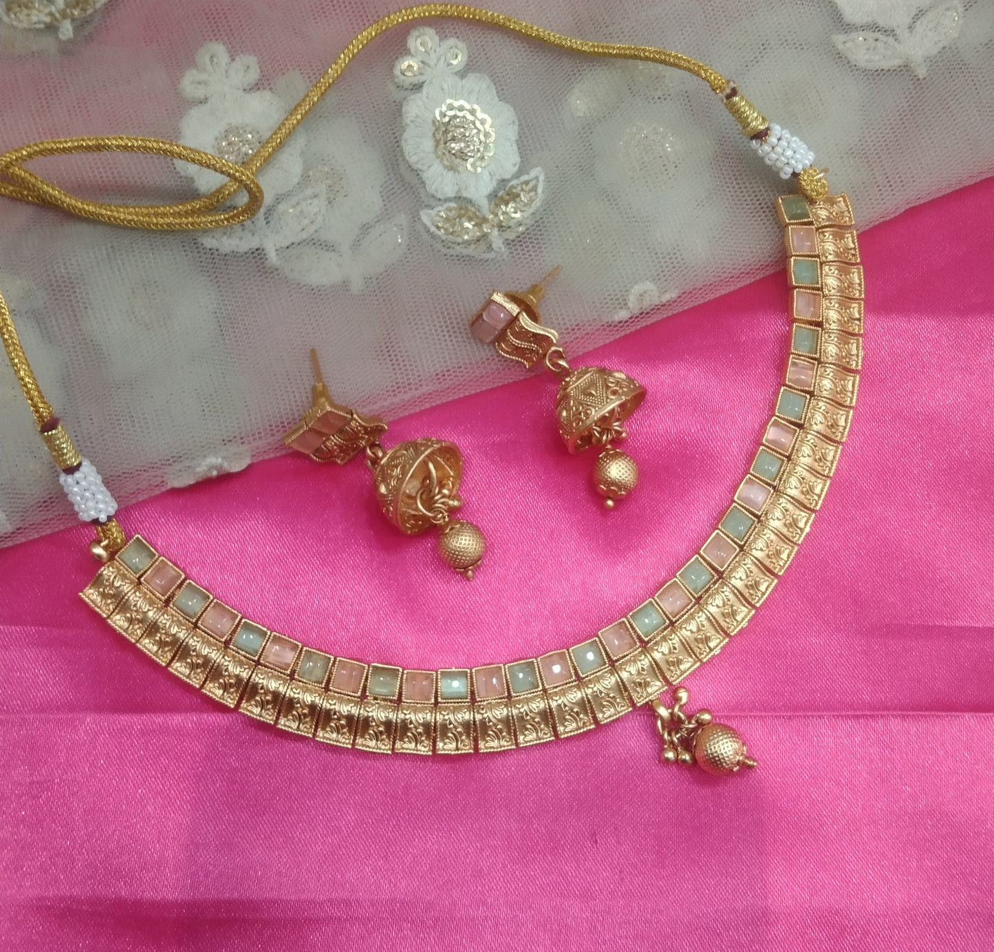 Gold Mint Pink Polki Jhumki Necklace Jewellery Global Set