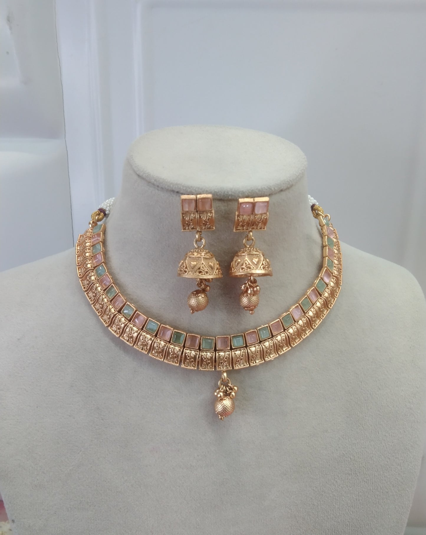 Gold Mint Pink Polki Jhumki Necklace Jewellery Global Set