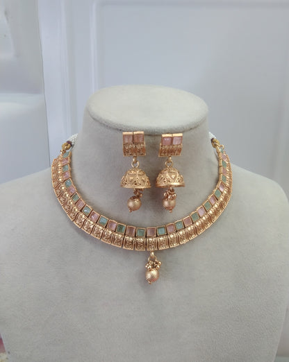 Gold Mint Pink Polki Jhumki Necklace Jewellery Global Set