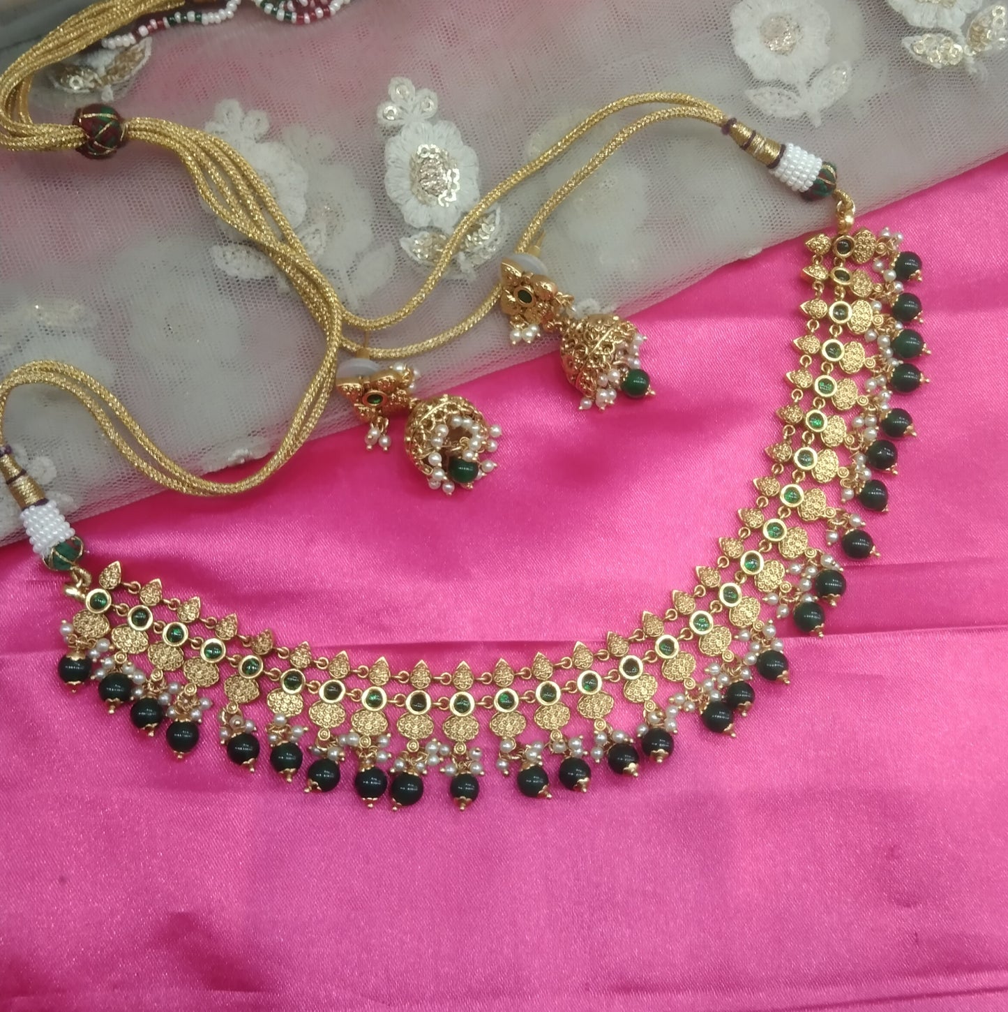 Gold Green  Polki Jhumki Necklace Jewellery Global Set
