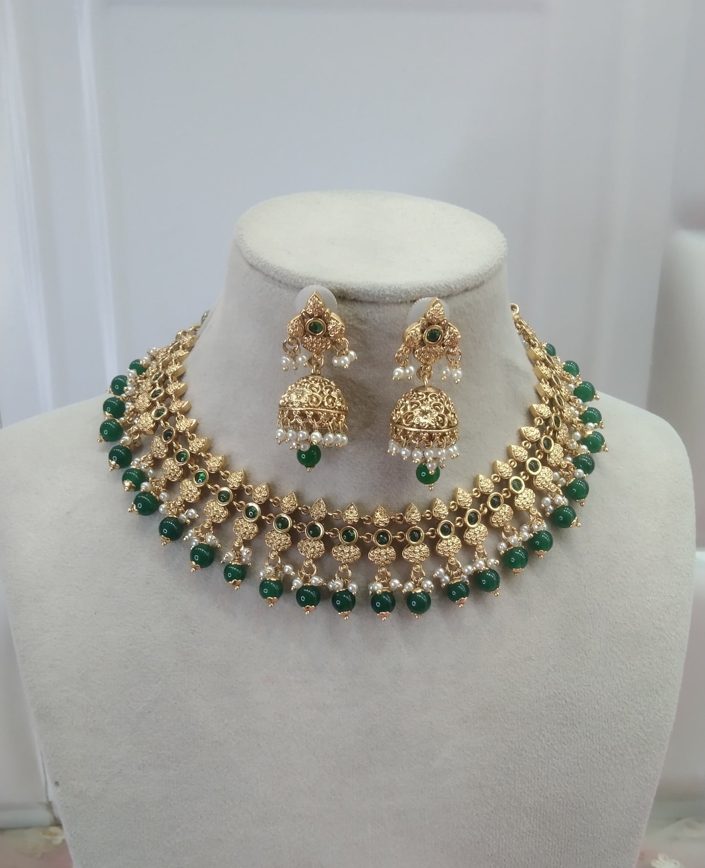 Gold Green  Polki Jhumki Necklace Jewellery Global Set
