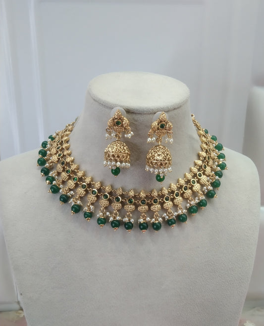 Gold Green  Polki Jhumki Necklace Jewellery Global Set