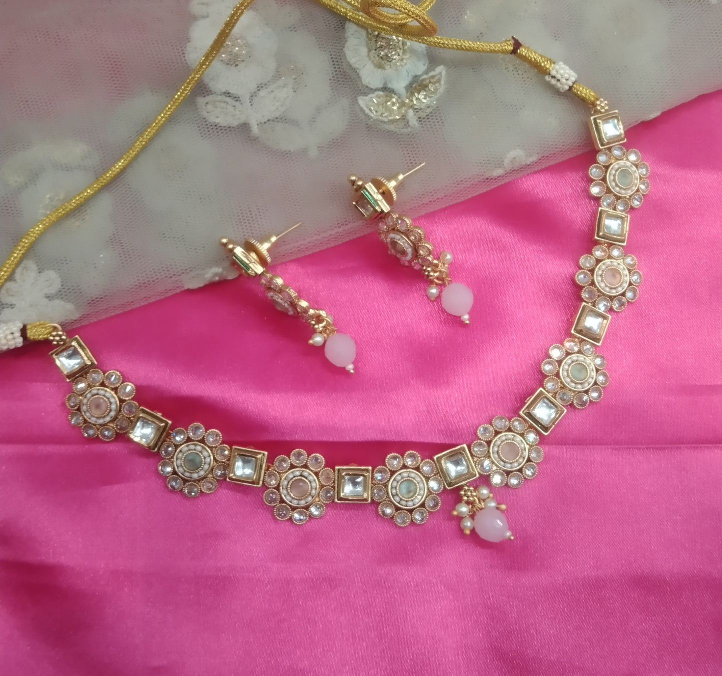 Gold Mint Pink Polki Kundan Necklace Jewellery Chivi Set