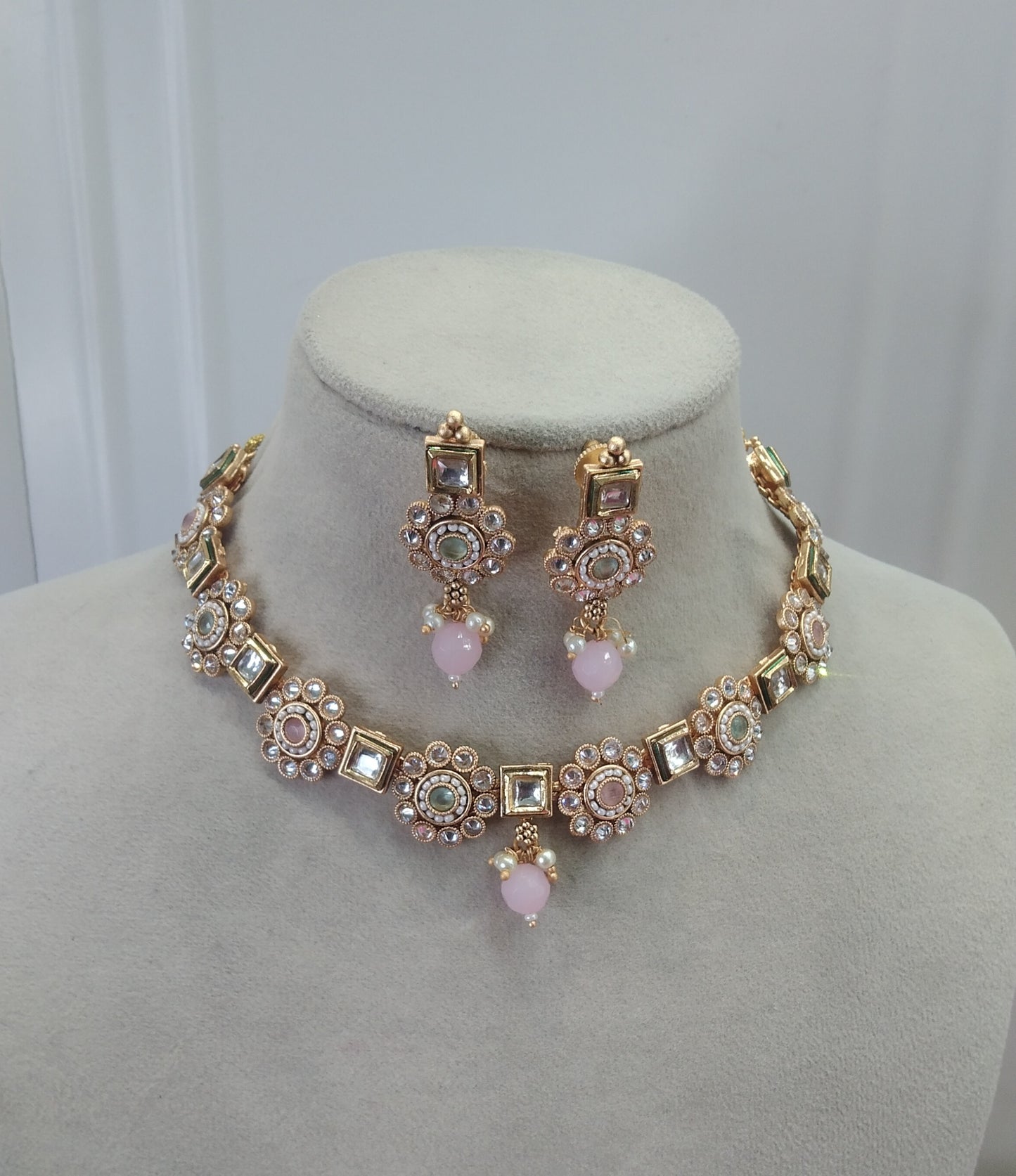 Gold Mint Pink Polki Kundan Necklace Jewellery Chivi Set