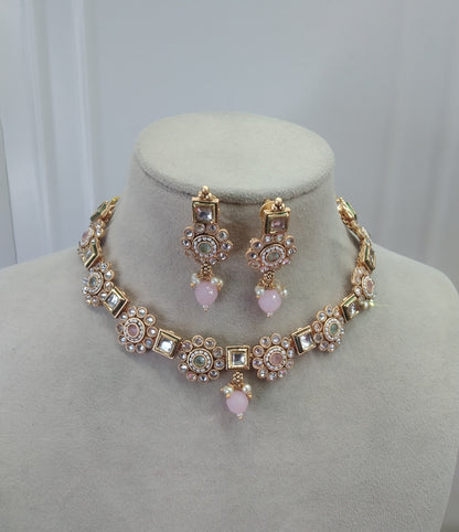 Gold Mint Pink Polki Kundan Necklace Jewellery Chivi Set