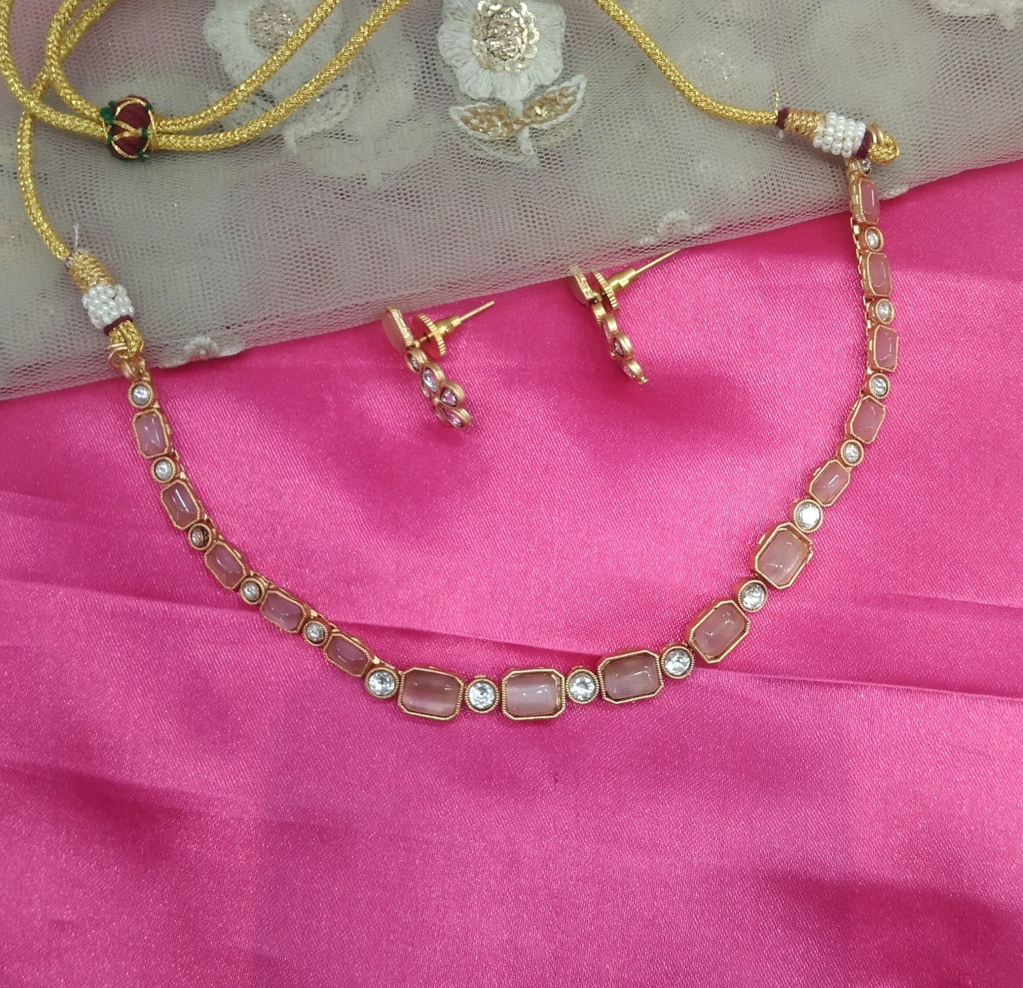 Gold Pink Polki  Necklace Jewellery Chivi Set