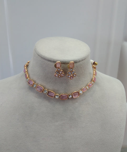 Gold Pink Polki  Necklace Jewellery Chivi Set