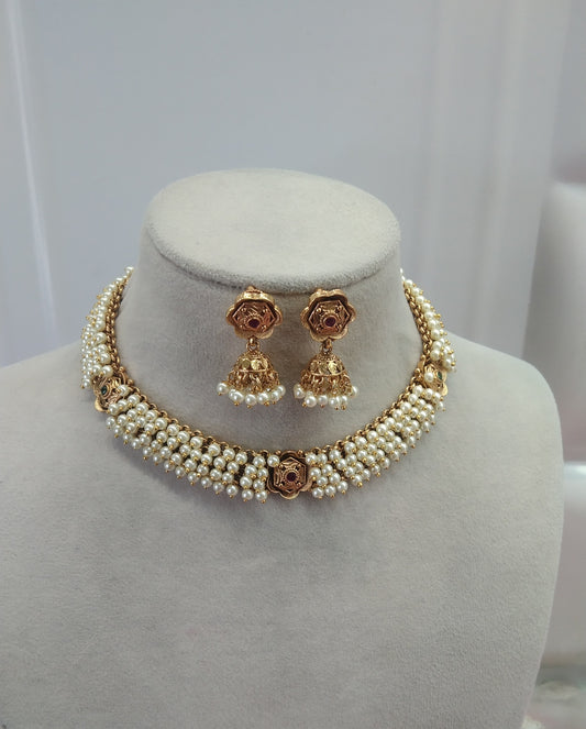 Gold Ruby Green Polki Jhumki Necklace Jewellery Jasmin Set