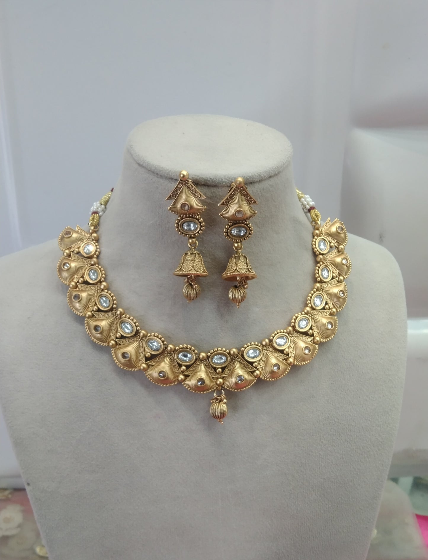 Gold Polki Jhumki Necklace Jewelry Ferry Set