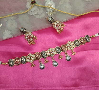 Gold Majenta Green polki Kundan Choker Jewellery Levit Set