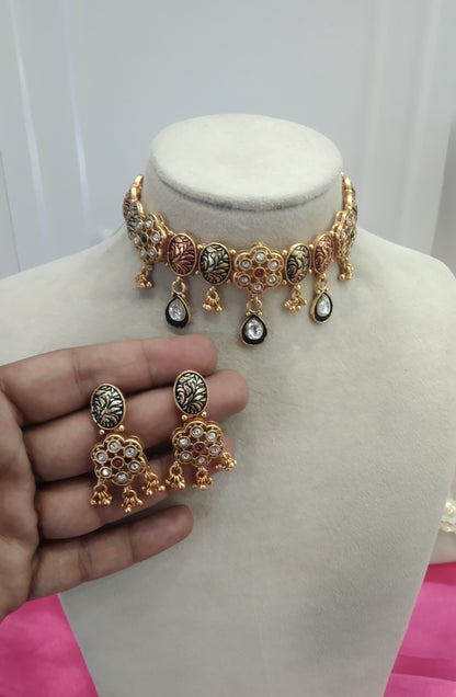 Gold Majenta Green polki Kundan Choker Jewellery Levit Set