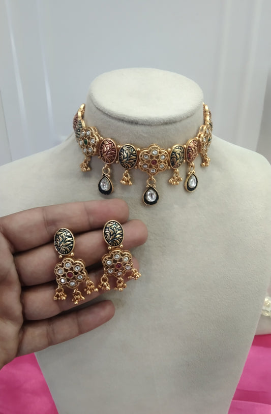 Gold Majenta Green polki Kundan Choker Jewellery Levit Set