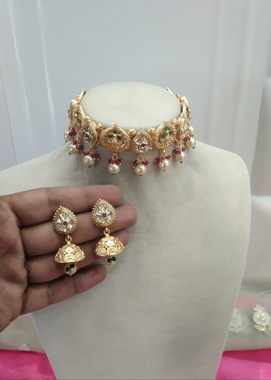 Gold Ruby Green polki Jhumka Kundan Choker Jewellery Levit Set