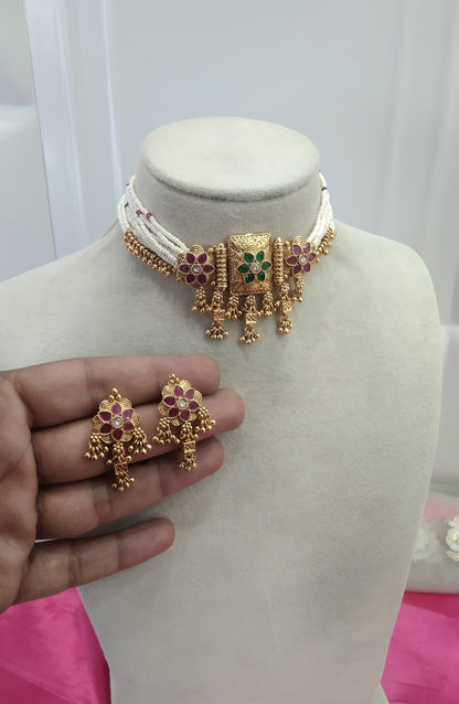 Gold Ruby Green polki  Choker Jewellery Rishi Set
