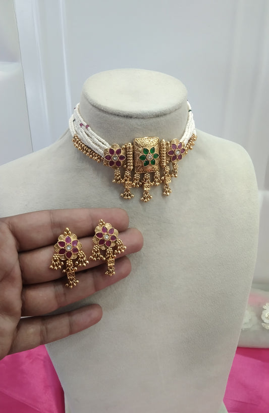 Gold Ruby Green polki  Choker Jewellery Rishi Set