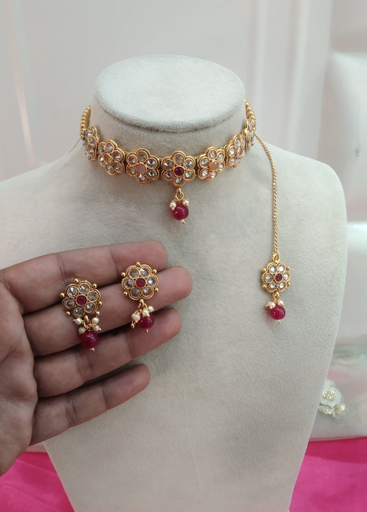 Gold Multi Color Polki  Choker Jewellery Olean Tikka Set