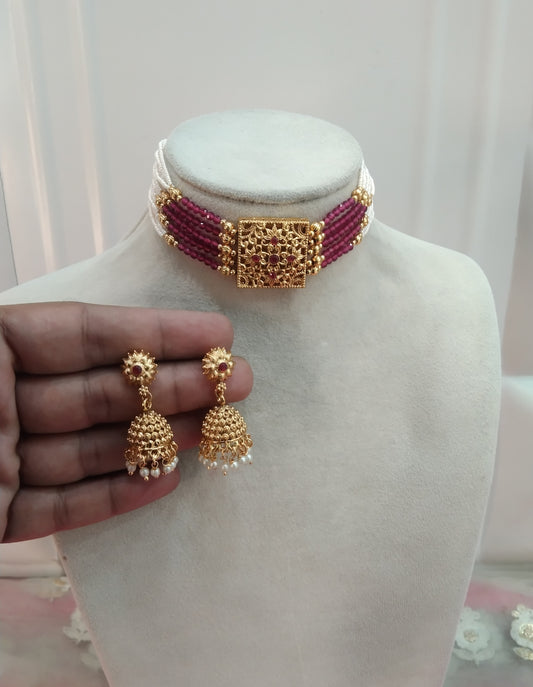 Gold Ruby Polki Jhumka  Choker Jewellery Olean Set
