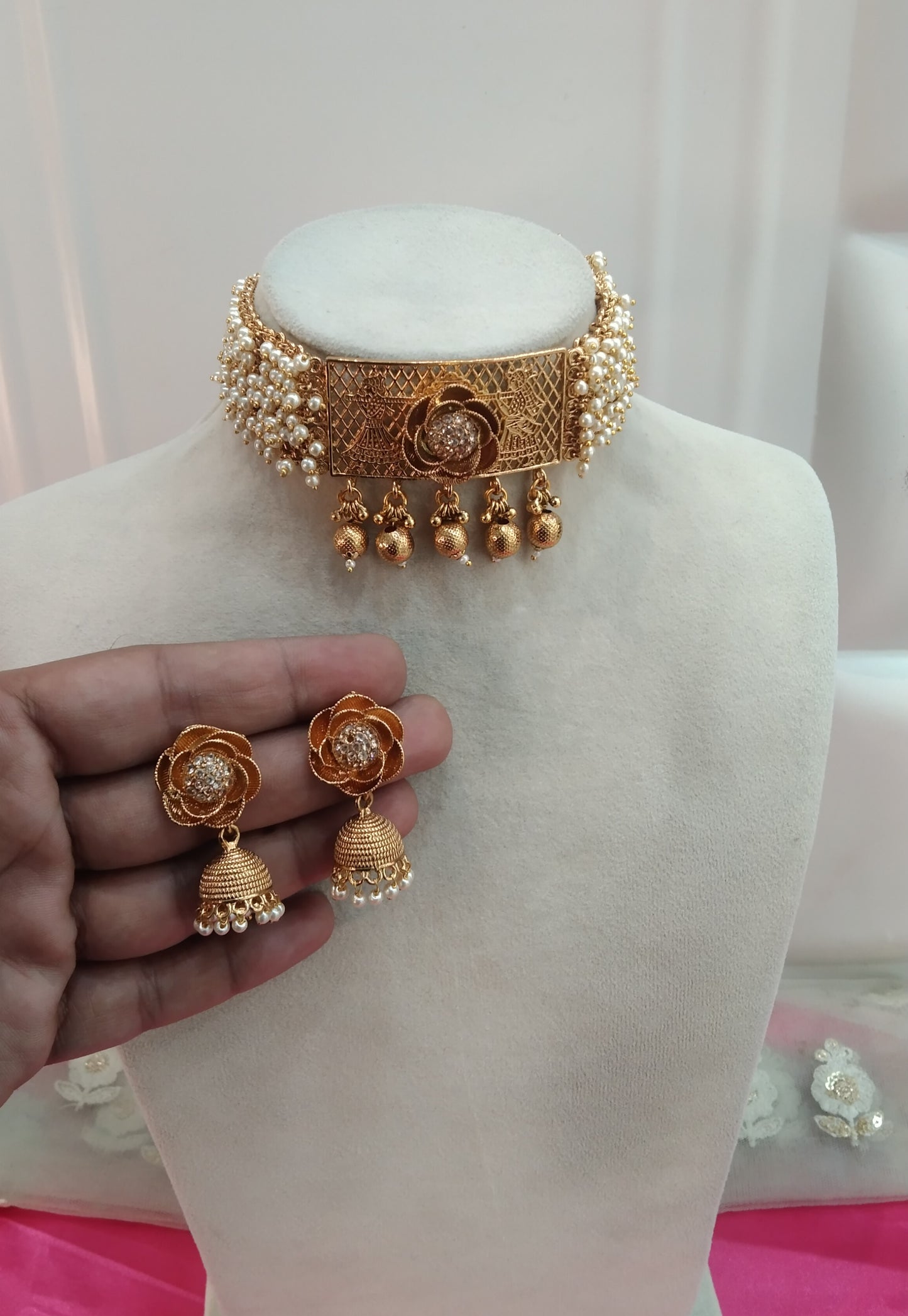 Gold  Polki  Jhumki Choker Jewellery Nikka Set