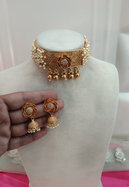 Gold  Polki  Jhumki Choker Jewellery Nikka Set