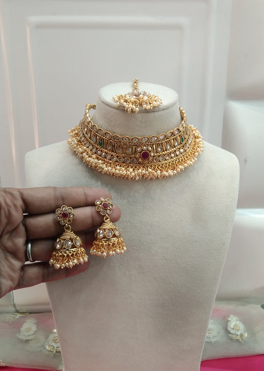 Gold Ruby Green Polki Jhumka  Choker Jewellery Beams Set