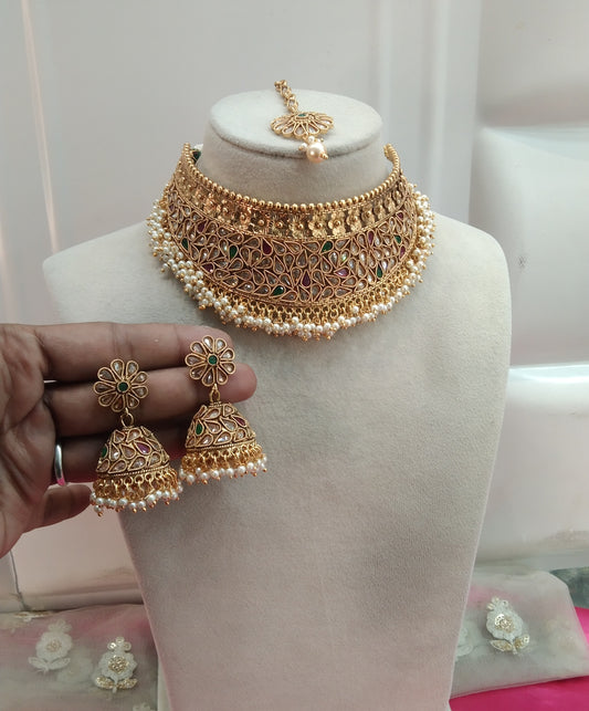 Gold Ruby Green Polki Jhumka Choker Jewellery Beams Set
