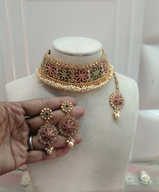 Gold Ruby Green Polki Choker Jewellery Beams Set